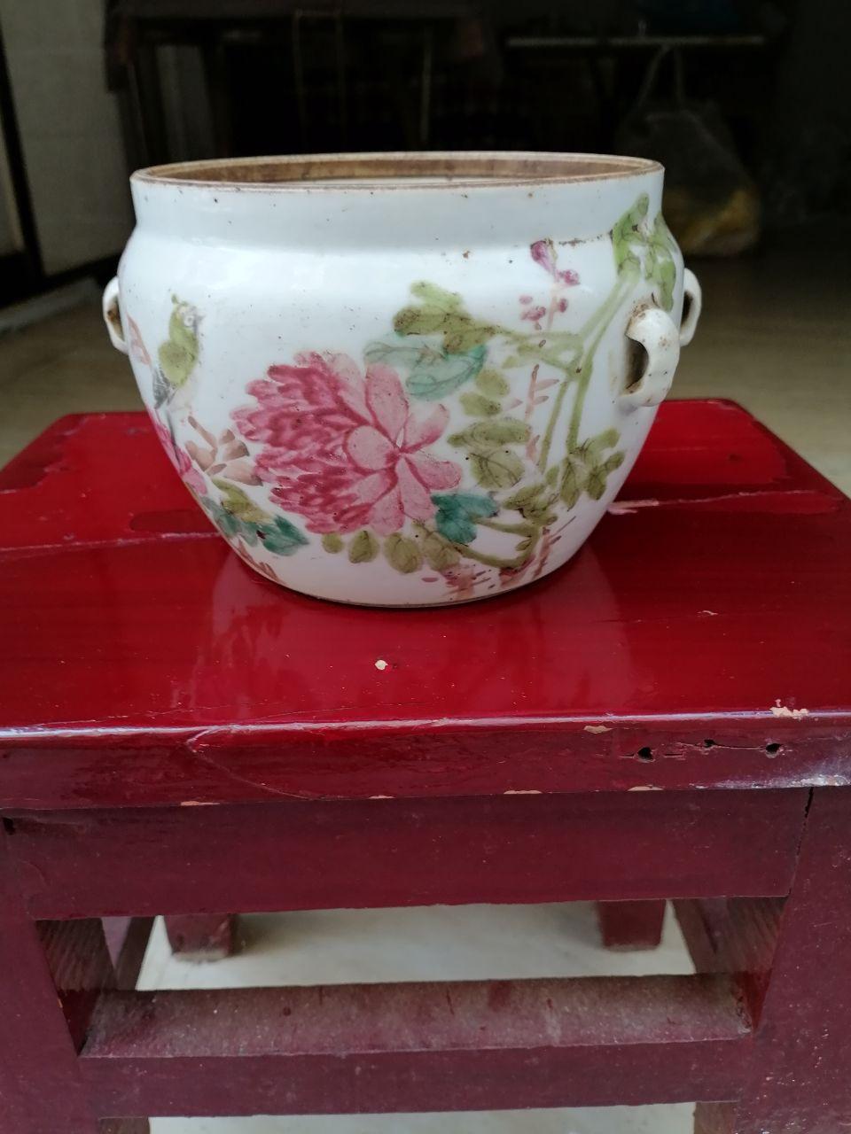 粉彩花鸟四系粥罐